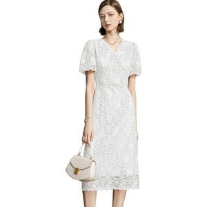 Lace Floral V-Neck Dress Puff Sleeves and Back Zipper, SIZE XL, 18H-1313D002